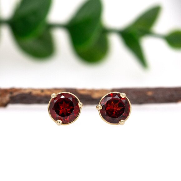 Red Garnet Studs Solid 14K Gold | 6mm Solitaire Studs | 4-8mm sizes available - Picture 6 of 10